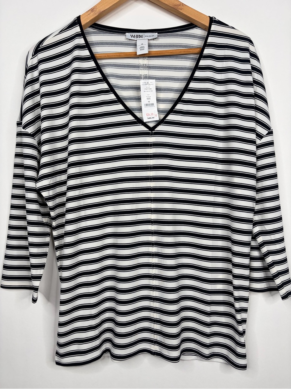 White House Black Market Black & White Striped V-Neck 3/4 Sleeve Top